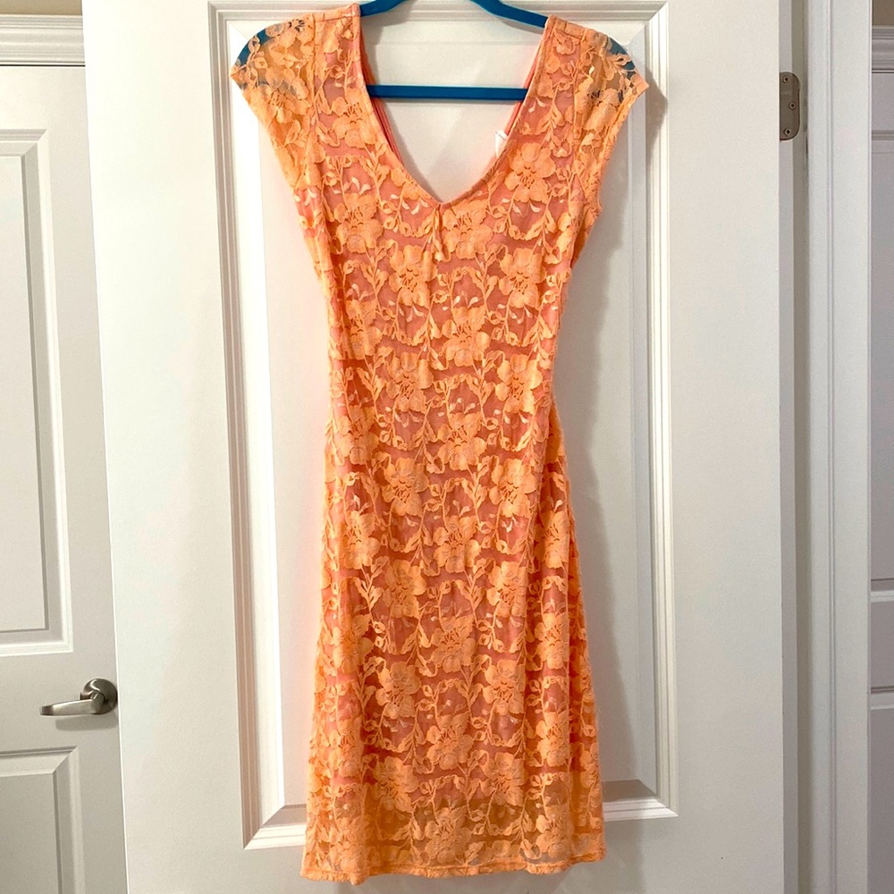 Peach Lace Mini Dress with Cut-out Back